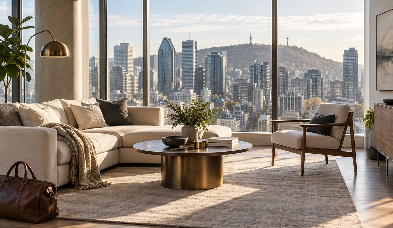 A furnished condominium living room with floor-to-ceiling windows overlooking downtown Montreal and Mount Royal.