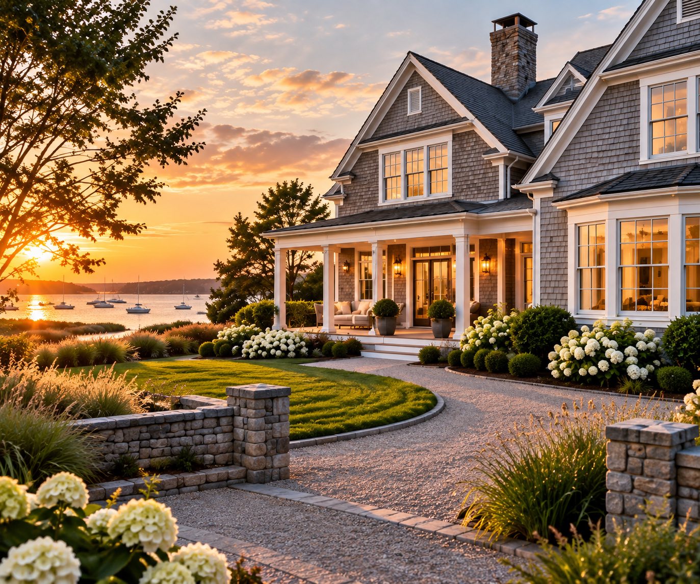 A shingled waterfront house at sunset, its windows lit and its covered porch looking over a gravel drive to a harbour of moored sailboats.