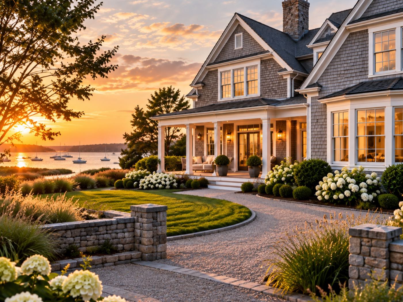 A shingled waterfront house at sunset, its windows lit and a covered porch facing a gravel drive, with hydrangeas in bloom and sailboats moored in the harbour beyond.