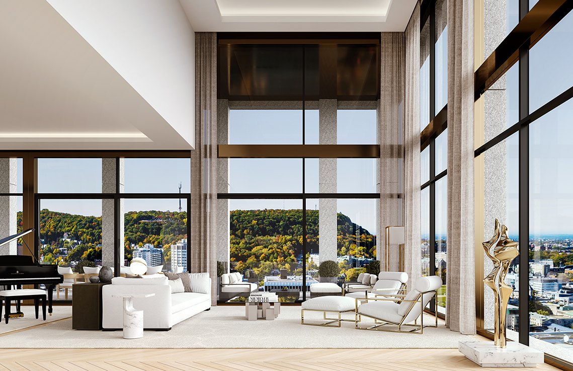 A double-height penthouse living room, its floor-to-ceiling windows looking across Montréal to Mount Royal in autumn.