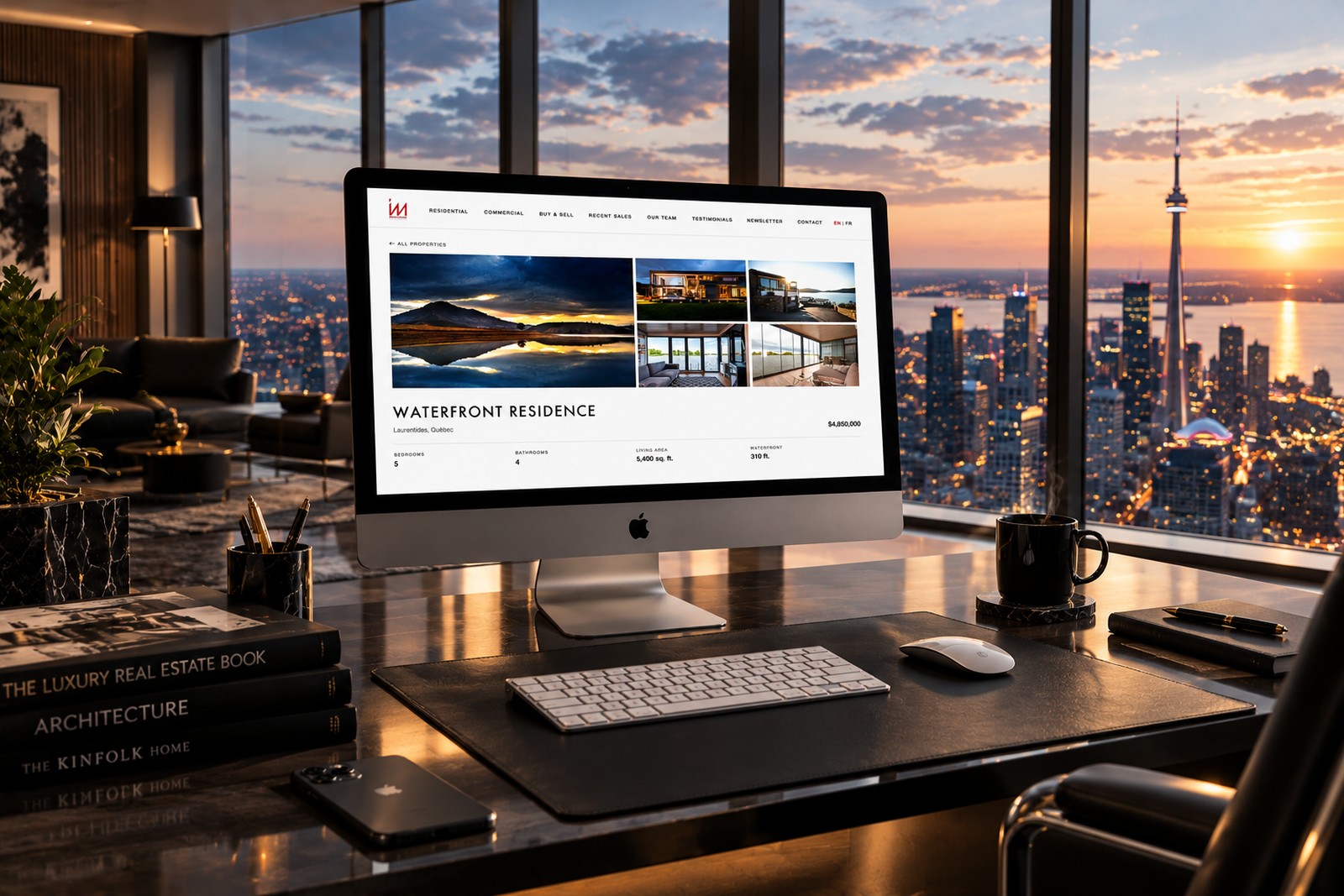 An iMac on a dark leather desk pad in a high-rise corner office at sunset, floor-to-ceiling windows and city lights behind it, showing a Montria listing page for a waterfront residence.