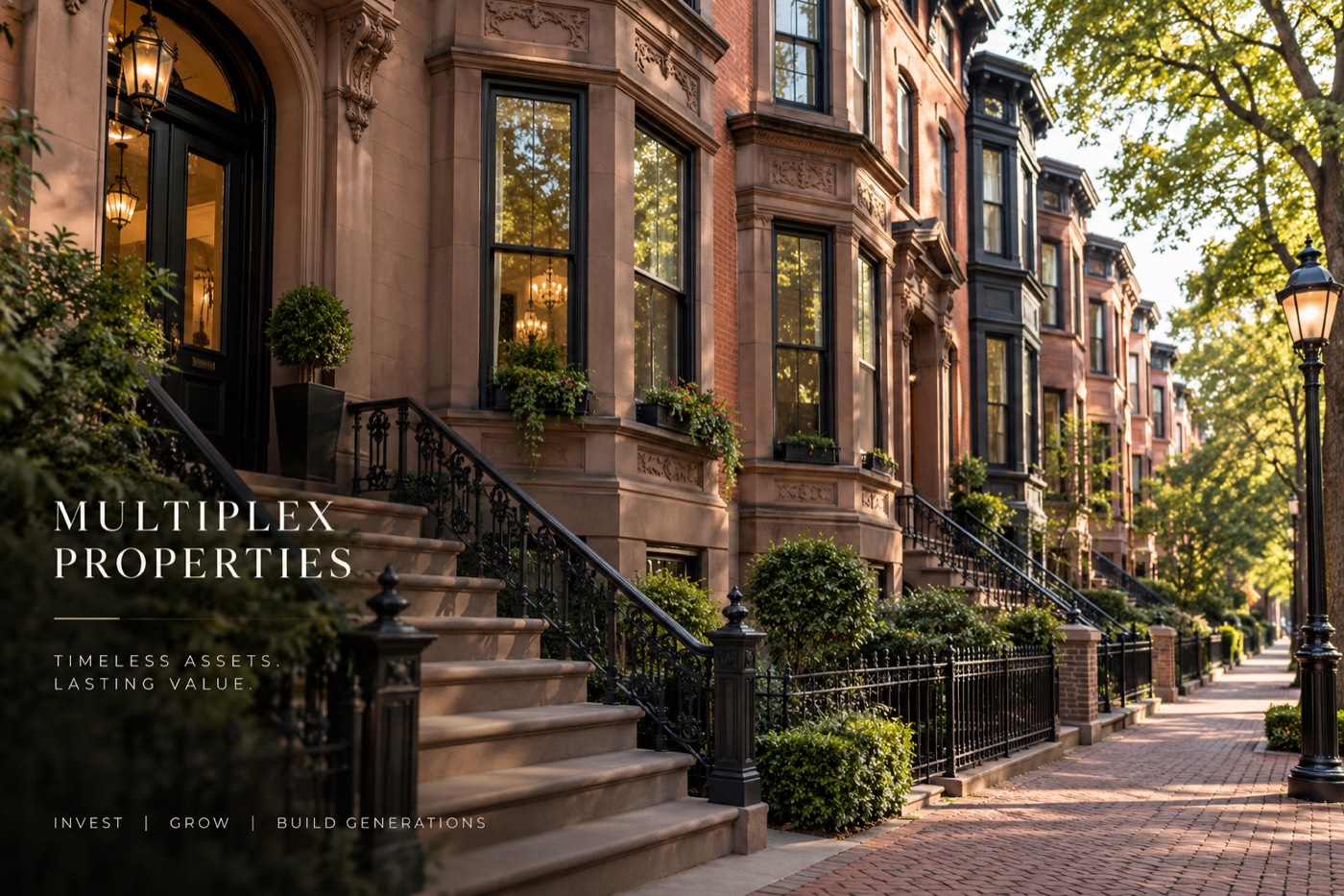 A terrace of brownstone row houses with stoops, arched doorways, bay windows and planted window boxes, on a tree-lined street in summer.